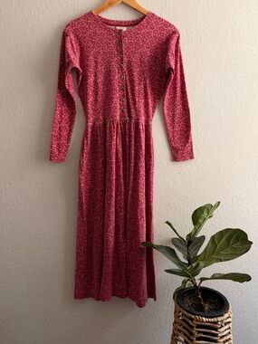 Vtg 90s LL Bean Dress Women small red Floral Modest Cottage Prairie USA